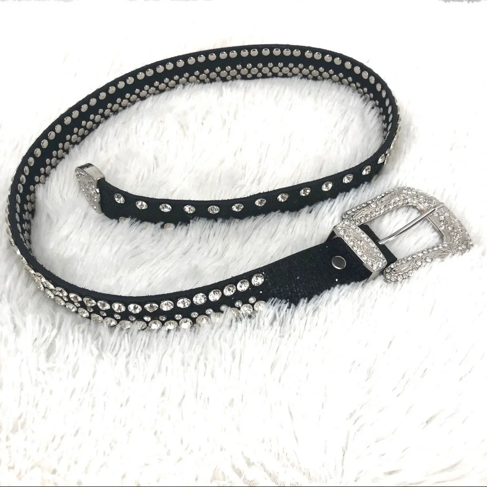 Black Leather & Rhinestone Belt - BLING - Picture 4 of 12